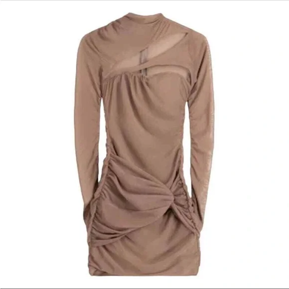 Bershka Brown Ruched Bodycon Dress Asymmetrical Mock Neck - Picture 2 of 3